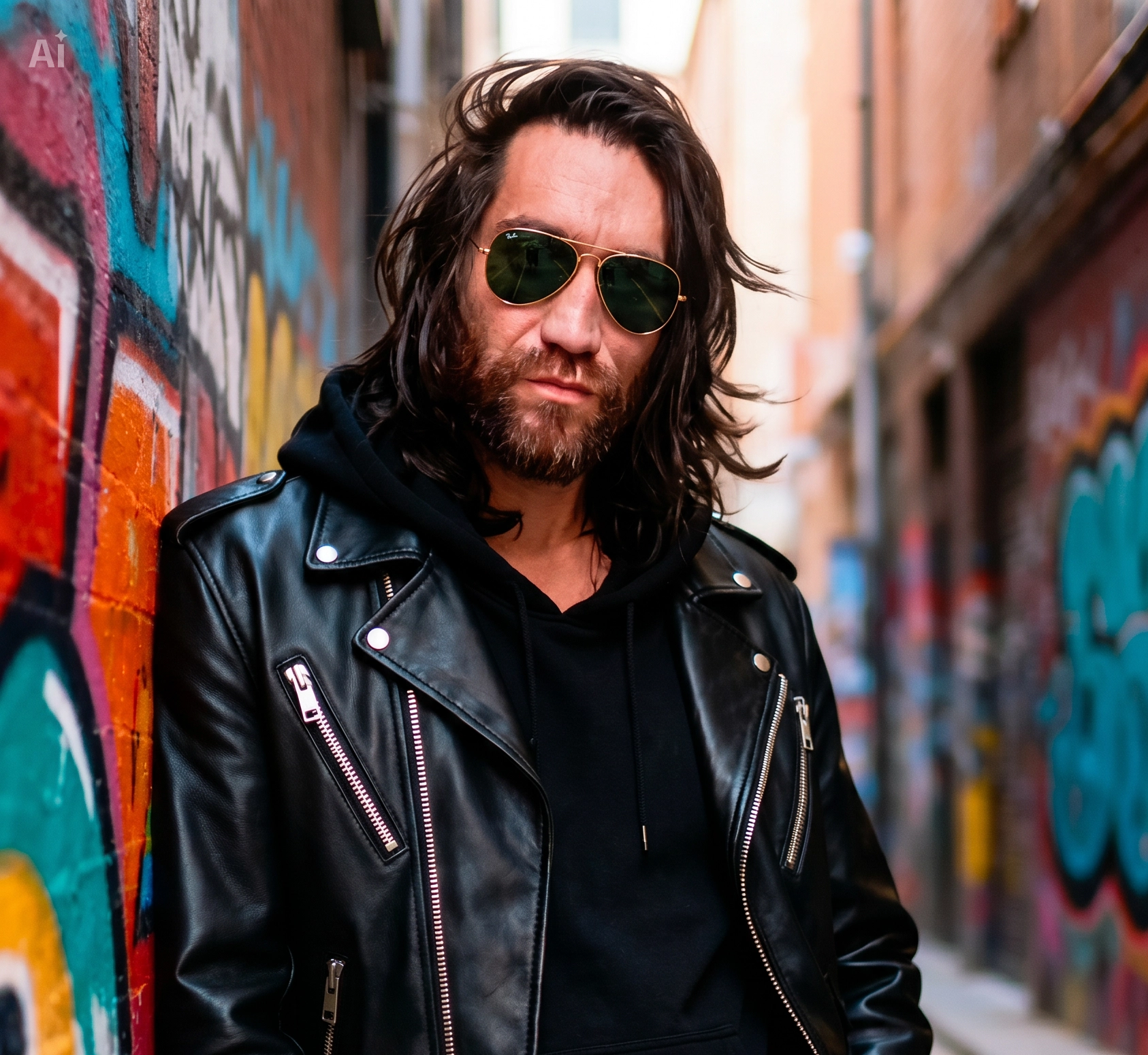 Portrait eines Mannes mit langen Haaren und Sonnenbrille in einer Lederjacke vor einer bunt besprühten Streetart-Wand, im Stil eines urbanen Musiker-Portraits.