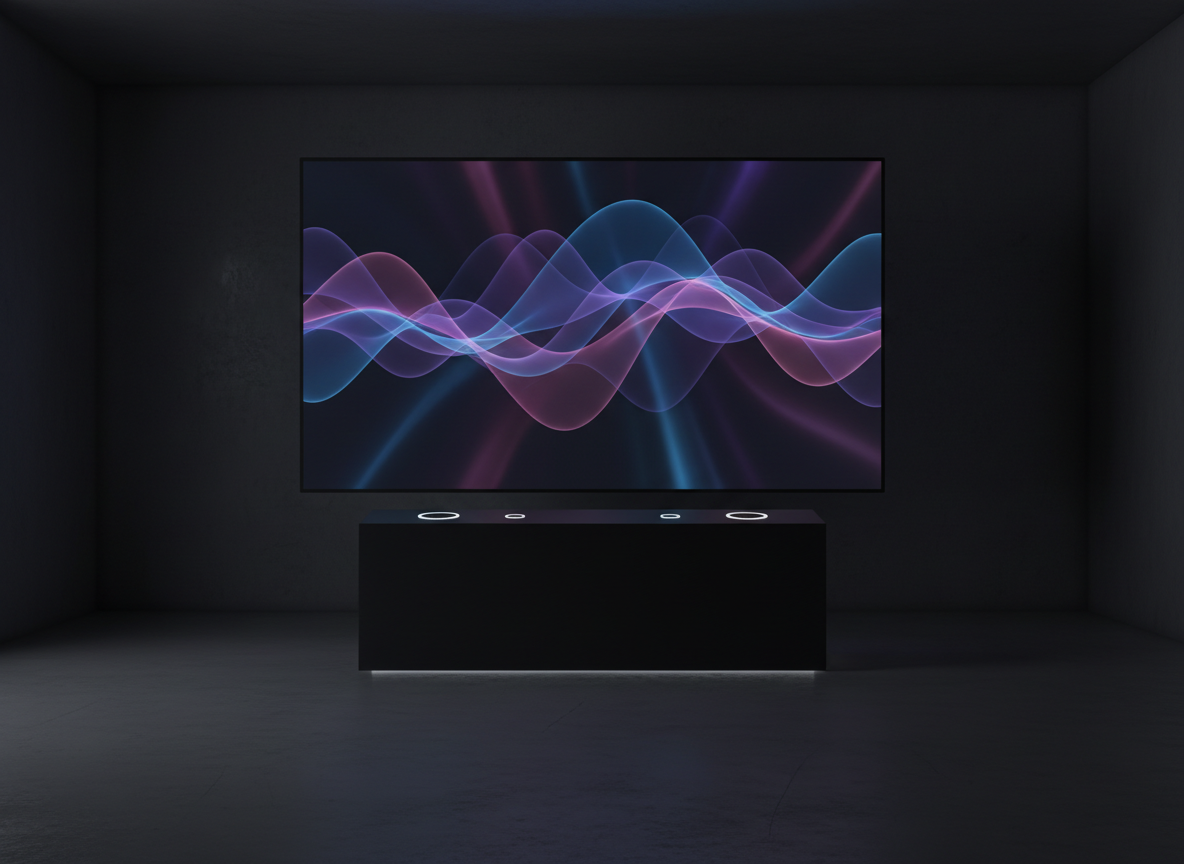A large, ultra-thin, frameless screen displays an abstract, high-resolution visualization of a synthpop track: layered, translucent waves in deep violet, cyan, and blush pink intertwine over a dark, glossy background. The screen floats above a minimalist black console, with only a few subtle, backlit touch controls visible. The room is dim, lit primarily by the screen’s cool glow, which reflects softly off the matte charcoal walls and a faintly textured concrete floor. Captured straight-on with sharp focus across the frame, the composition is symmetrical and balanced. The atmosphere is sophisticated and futuristic, evoking a modern electronic music control room in a clean, photographic style.