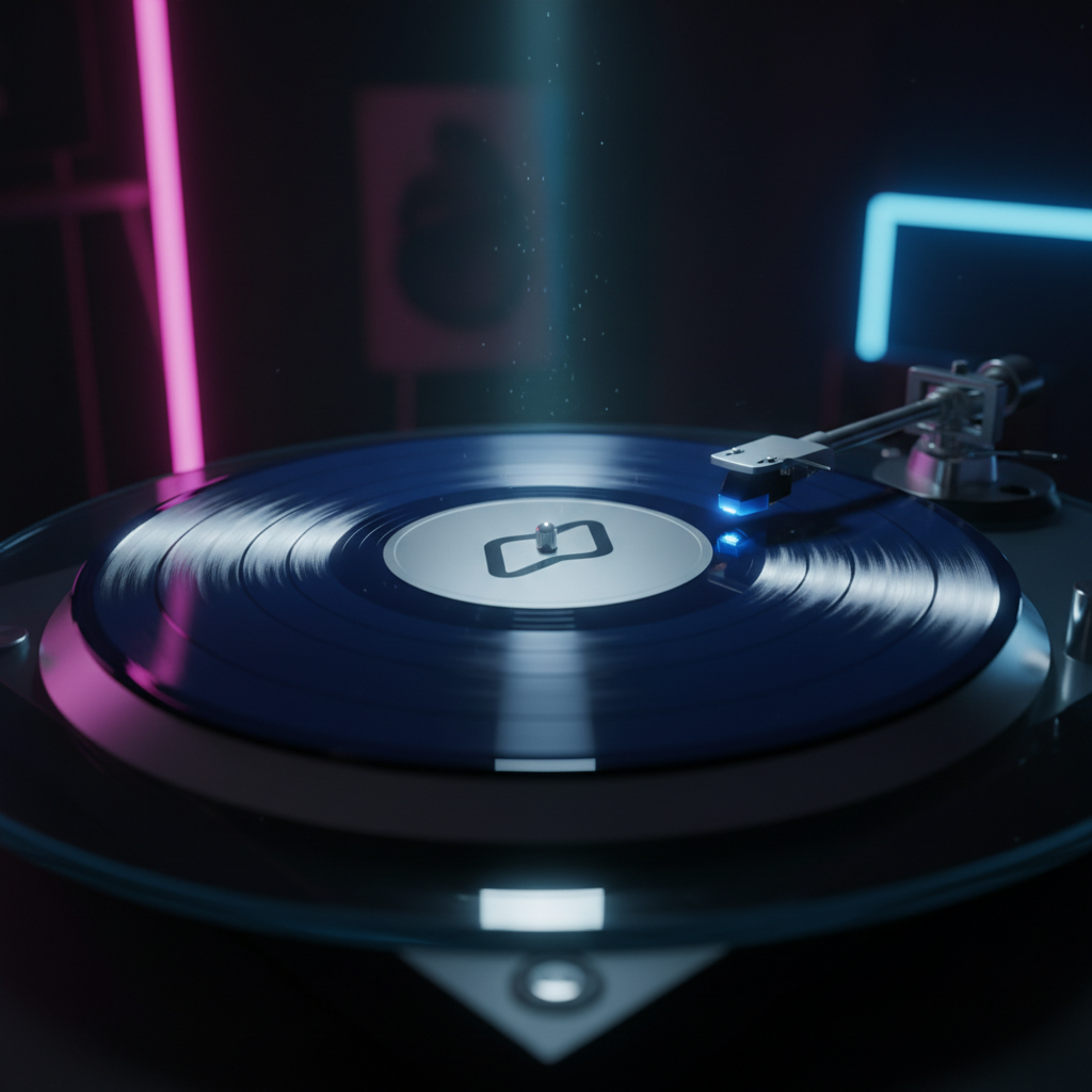 A luxurious, midnight-blue vinyl record with a minimalist, metallic-silver label that reads only an abstract symbol, resting on a glass turntable platter. The record’s grooves shimmer subtly under a narrow beam of cool, focused overhead light, creating a halo-like ring near the edge. Surrounding the turntable, the room is mostly dark, punctuated by soft, out-of-focus neon accents in pink and electric blue that suggest a synthpop-inspired listening space. Shot from a low, side angle, the camera emphasizes the record’s texture and the clean lines of the tonearm poised just above it. The mood is intimate, refined, and cinematic, in a highly realistic photographic style.