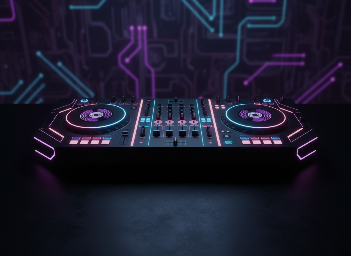 A stylish, futuristic DJ turntable and mixer setup in deep violet, cyan, and blush pink neon accents, seen straight-on like an album cover. The scene is dark and cinematic, with soft glows and reflections on a matte black surface, matching the synth-pop / electronic music aesthetic of Mauricio Tamblay. No people, just the equipment, centered composition, wallpaper-like background that can sit behind buttons and text.